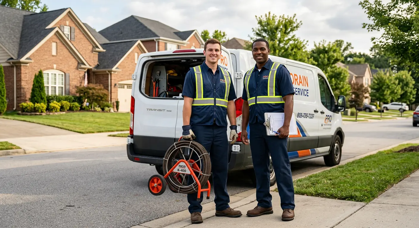 Sewer and drain service team with equipment ready for work in Pike Creek