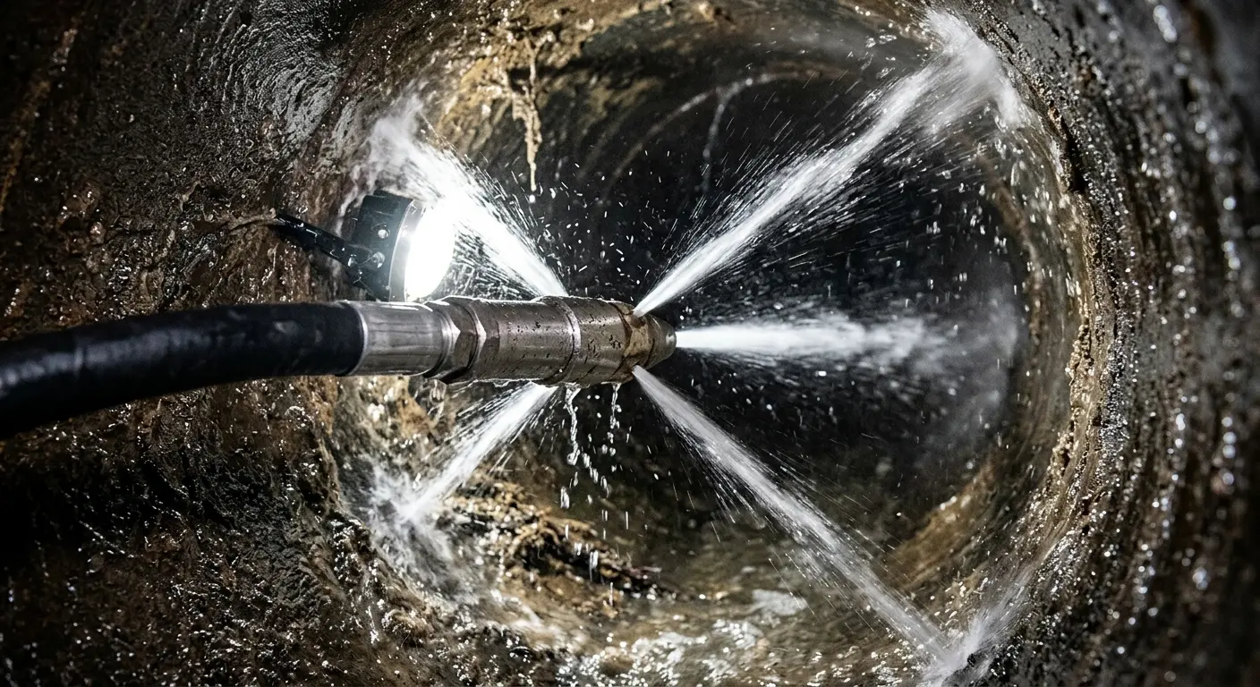 High-pressure hydro jetting nozzle cleaning sewer pipe for Emergency Drain Service in Pike Creek
