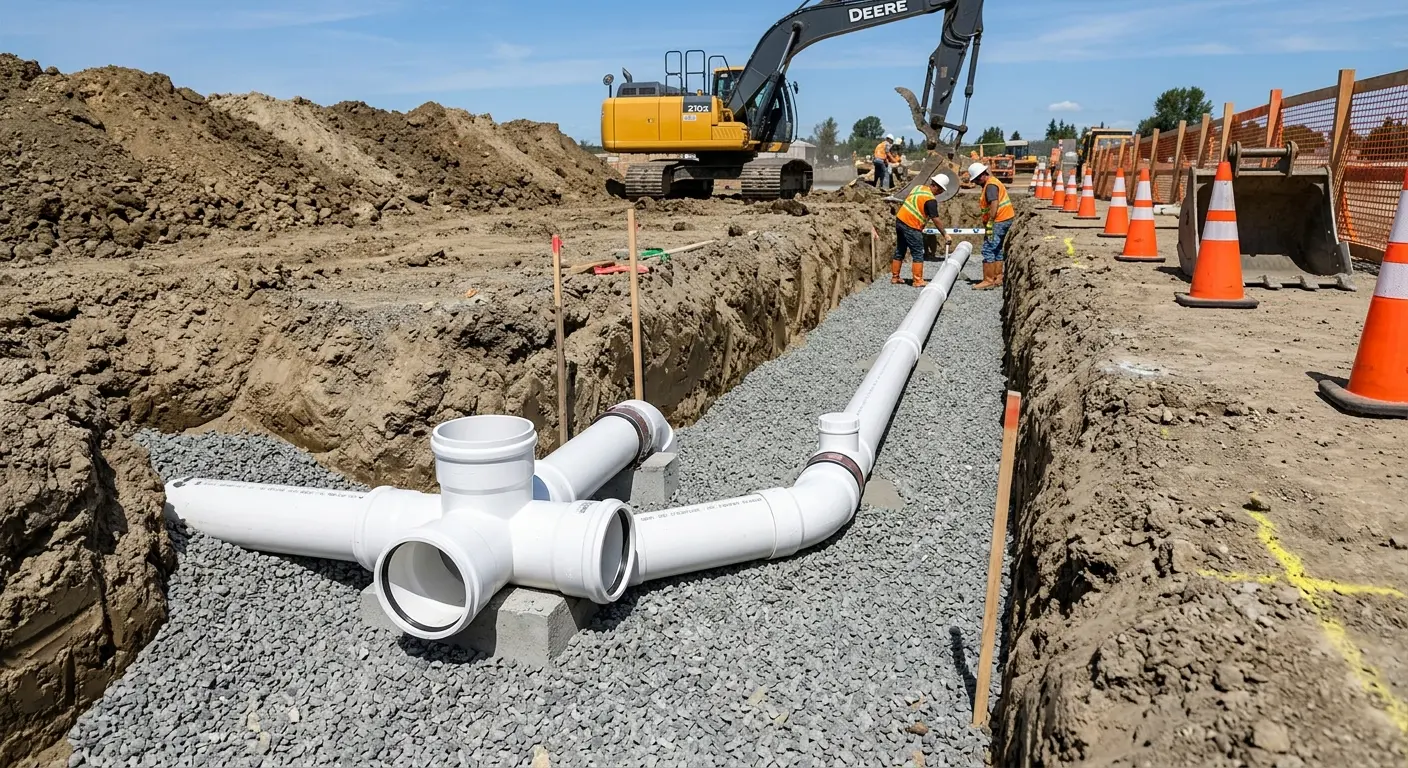New PVC sewer pipe installation in open trench for Commercial Drain Cleaning in Pike Creek