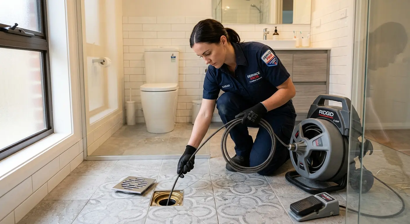 Technician clearing a bathroom floor drain for Clogged Drain Repair in Pike Creek